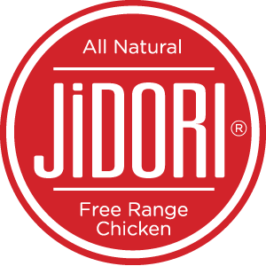 Red circular logo for JIDORI with text indicating 'All Natural,' 'Free Range Chicken.'