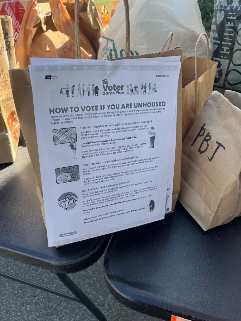 Voter game plan flyer on a table with grocery bags around.