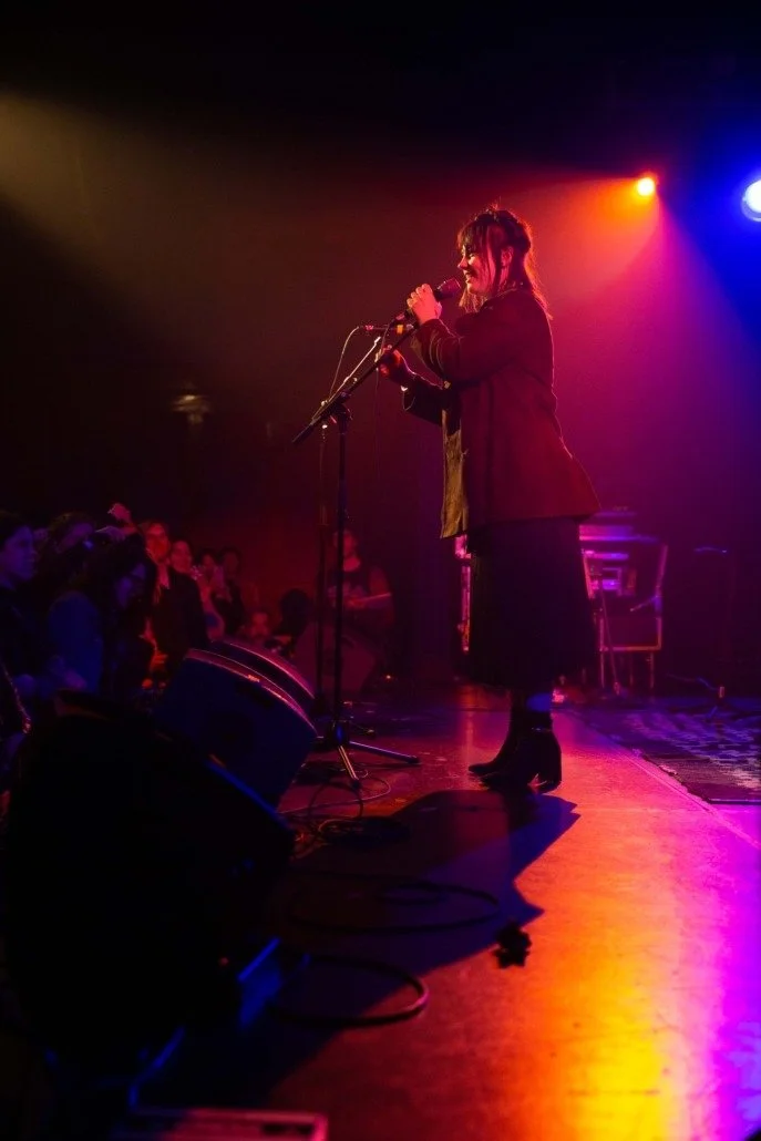 Performer singing on stage with colorful lighting, audience in foreground, in a dimly lit venue.