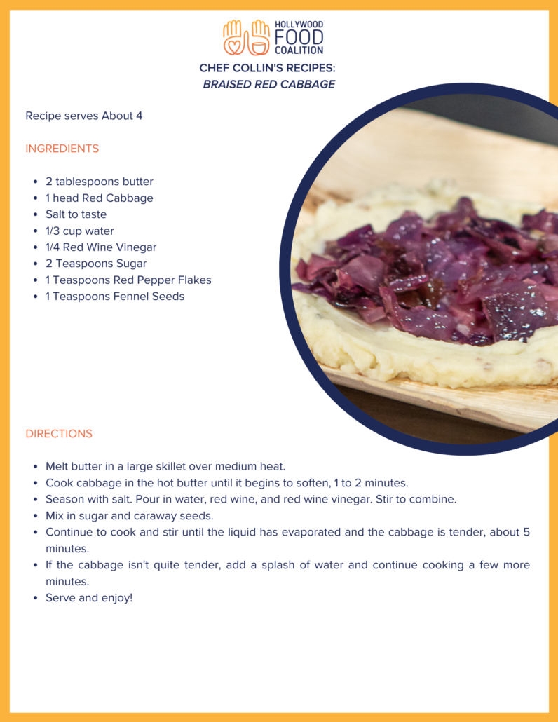 Recipe card for braised red cabbage with ingredients and directions, featuring a close-up photo of cooked cabbage in a bowl.