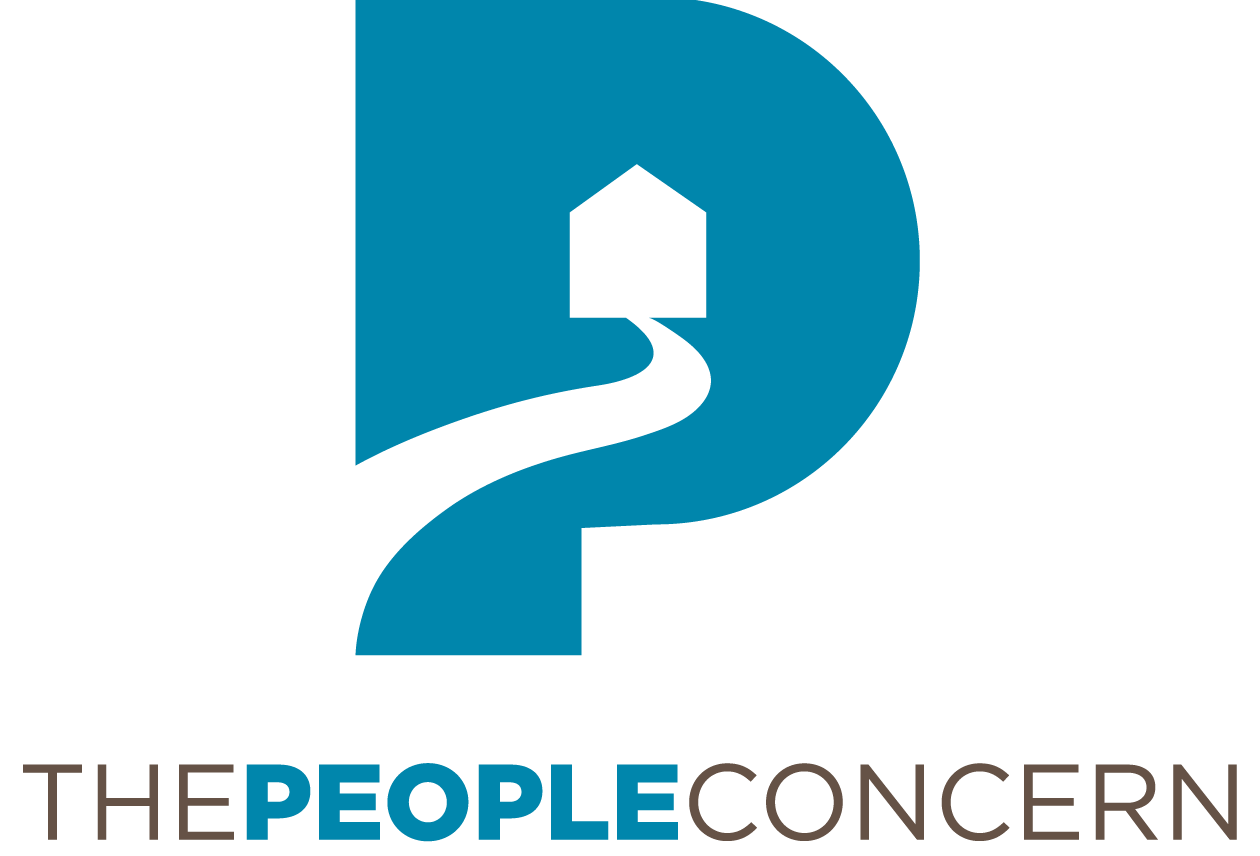 Logo with a large blue question mark featuring a house silhouette and a winding path inside, with the words "THE PEOPLE CONCERN" written below.