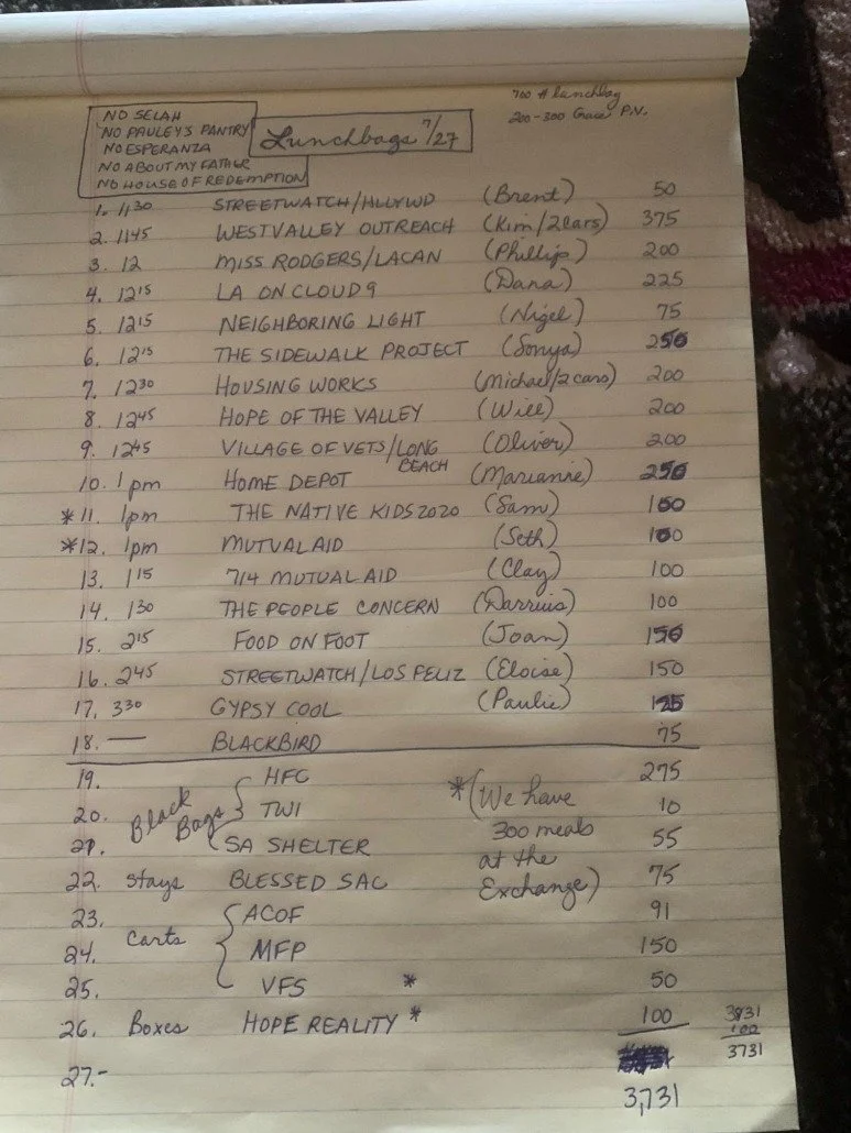 A handwritten shopping or to-do list on lined paper with entries including items, times, and quantities. The list appears to be from a community event or project, featuring various donations, supplies, and activities.