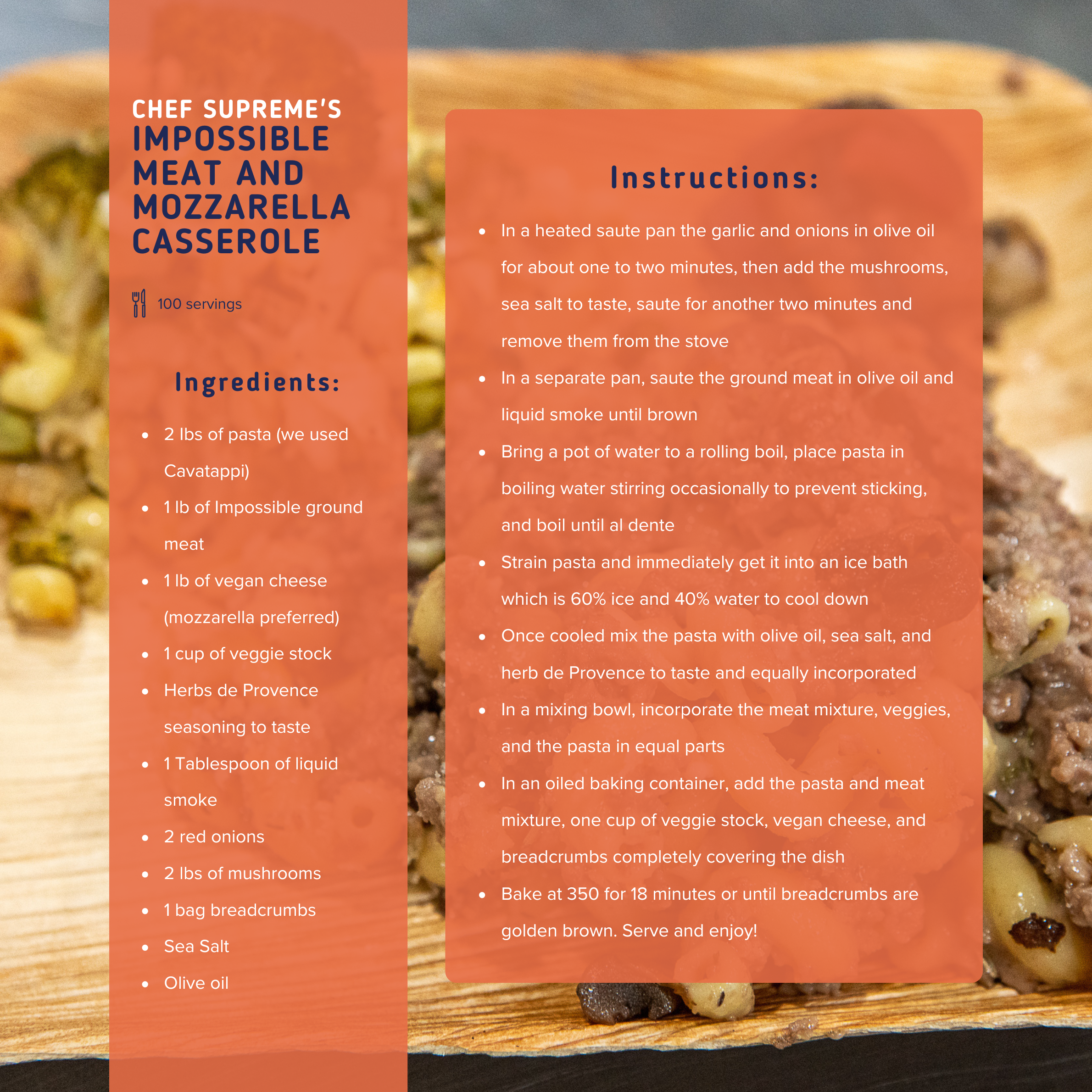 Recipe card for Chef Supreme's Impossible Meat and Mozzarella Casserole with ingredients and instructions, set against a background of food with a wooden surface.