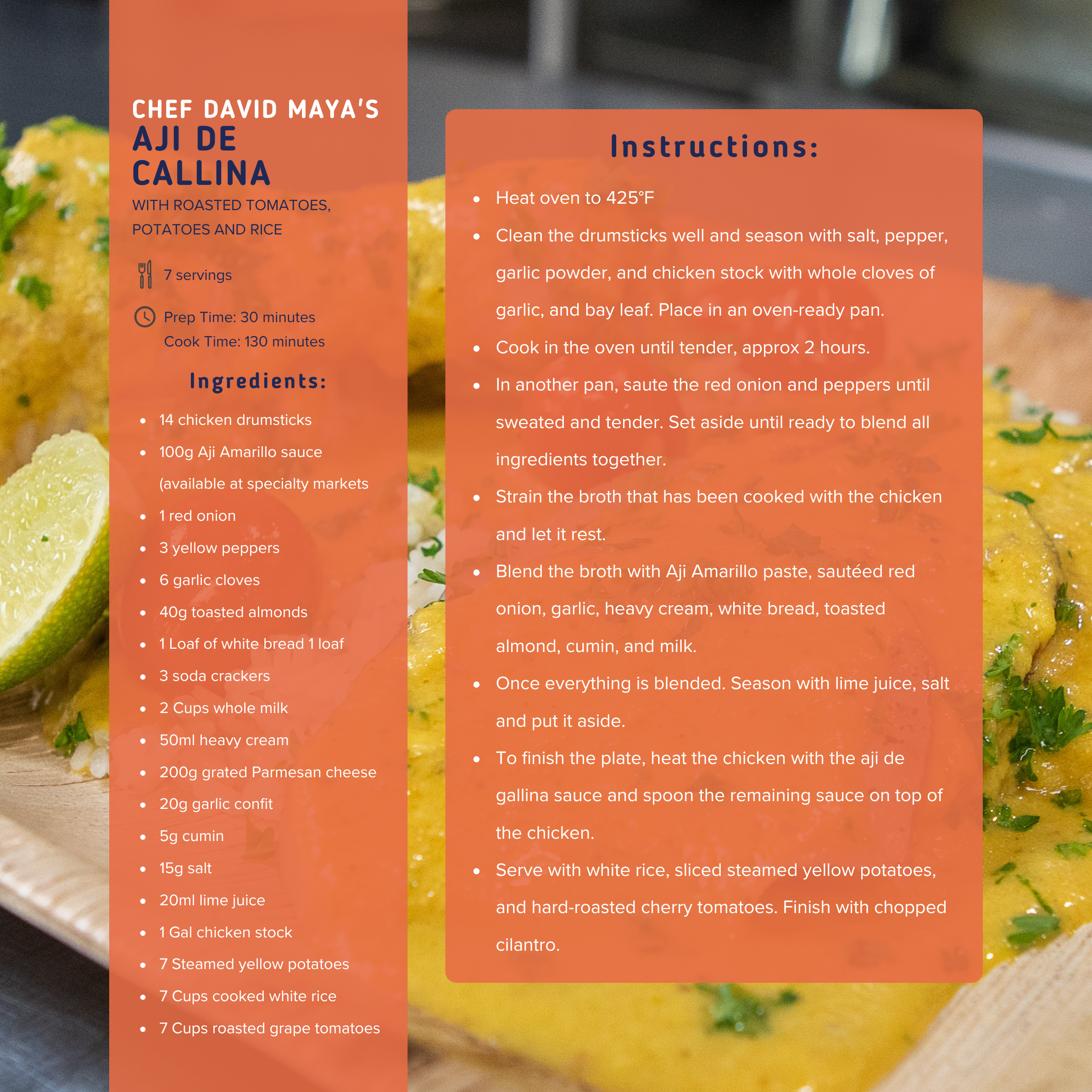 Recipe card for Chef David Maya's Aji de Callina with roasted tomatoes, potatoes, and rice. Contains ingredients and cooking instructions.