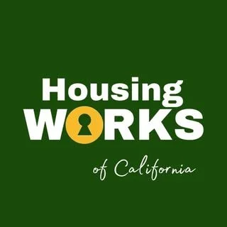 Housing Works of California logo with green background, white text, and a gold keyhole symbol.