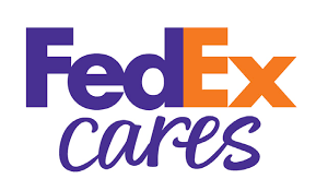 FedEx Cares logo with purple and orange text on a white background