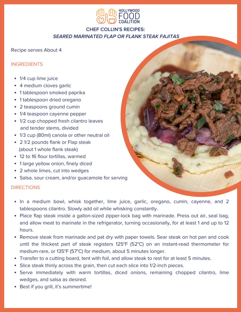 Recipe for seared marinated flap or flank steak fajitas with ingredients like lime juice, garlic, smoked paprika, oregano, cumin, cayenne, cilantro, canola oil, flap or flank steak, tortillas, onion, limes, and garnishes of salsa, sour cream, or guacamole.