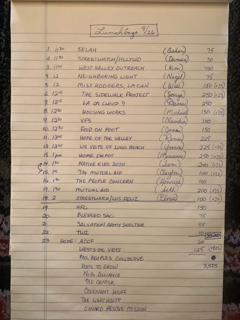 Handwritten list titled 'Lunchbags 9/26' with 23 items of various community groups, organizations, and projects, each with a time, name, person associated, and a number indicating supplies or donations.
