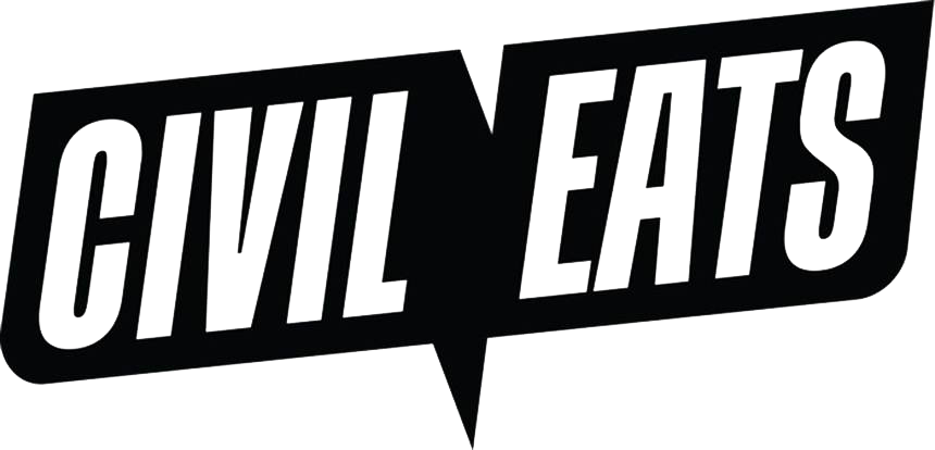 Graphic with bold white and gray text saying "Civil Eats" on a black background with a speech bubble design.
