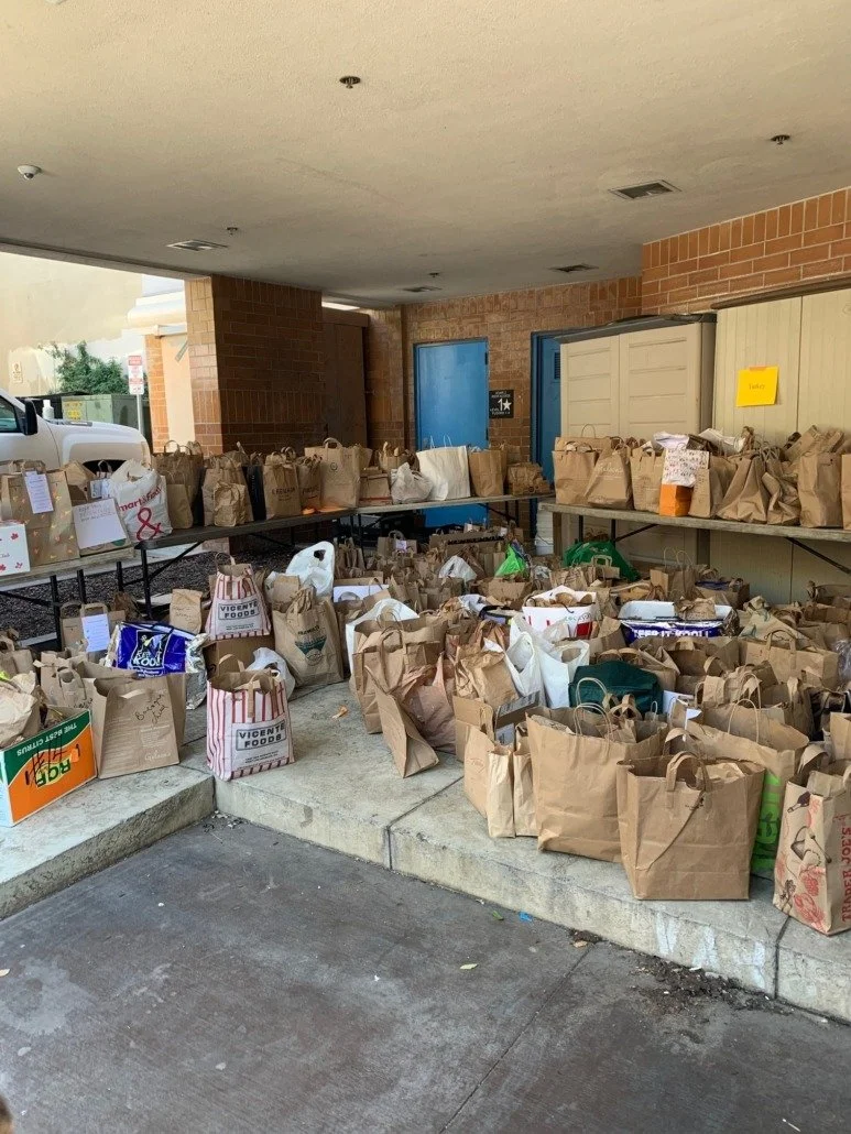 Numerous paper grocery bags filled with food items placed on a sidewalk outside a building.