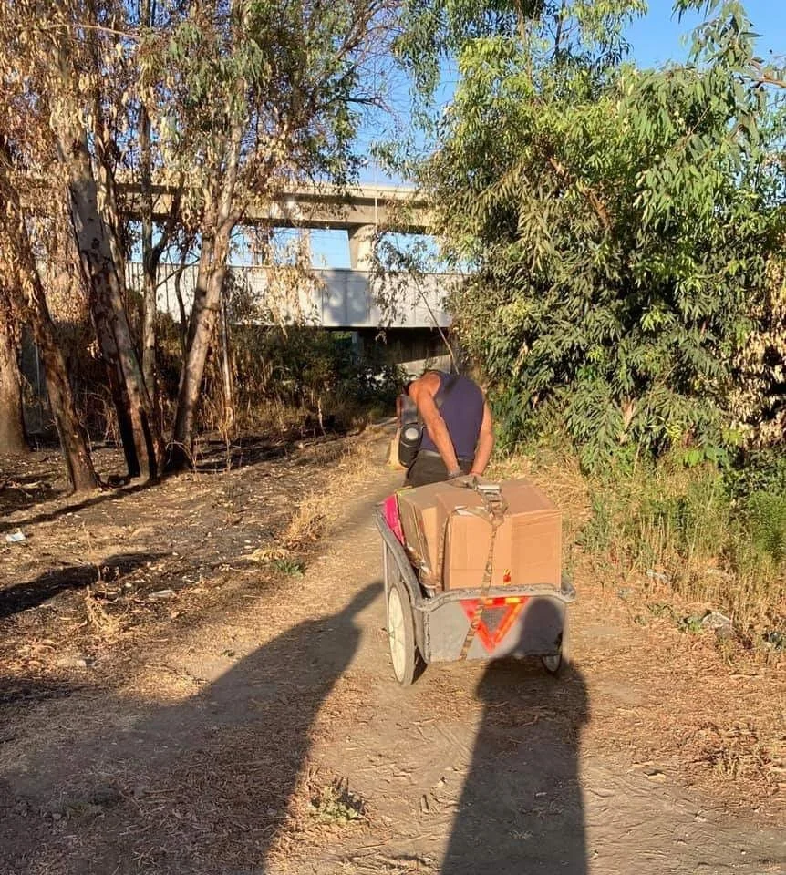 A person pulling a cart filled with cardboard boxes on a dirt path in a wooded area, with trees and bushes on both sides, under a bridge in the distance.
