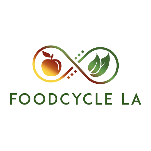 Logo for FoodCycle LA with an apple and leaves connected by an infinity symbol