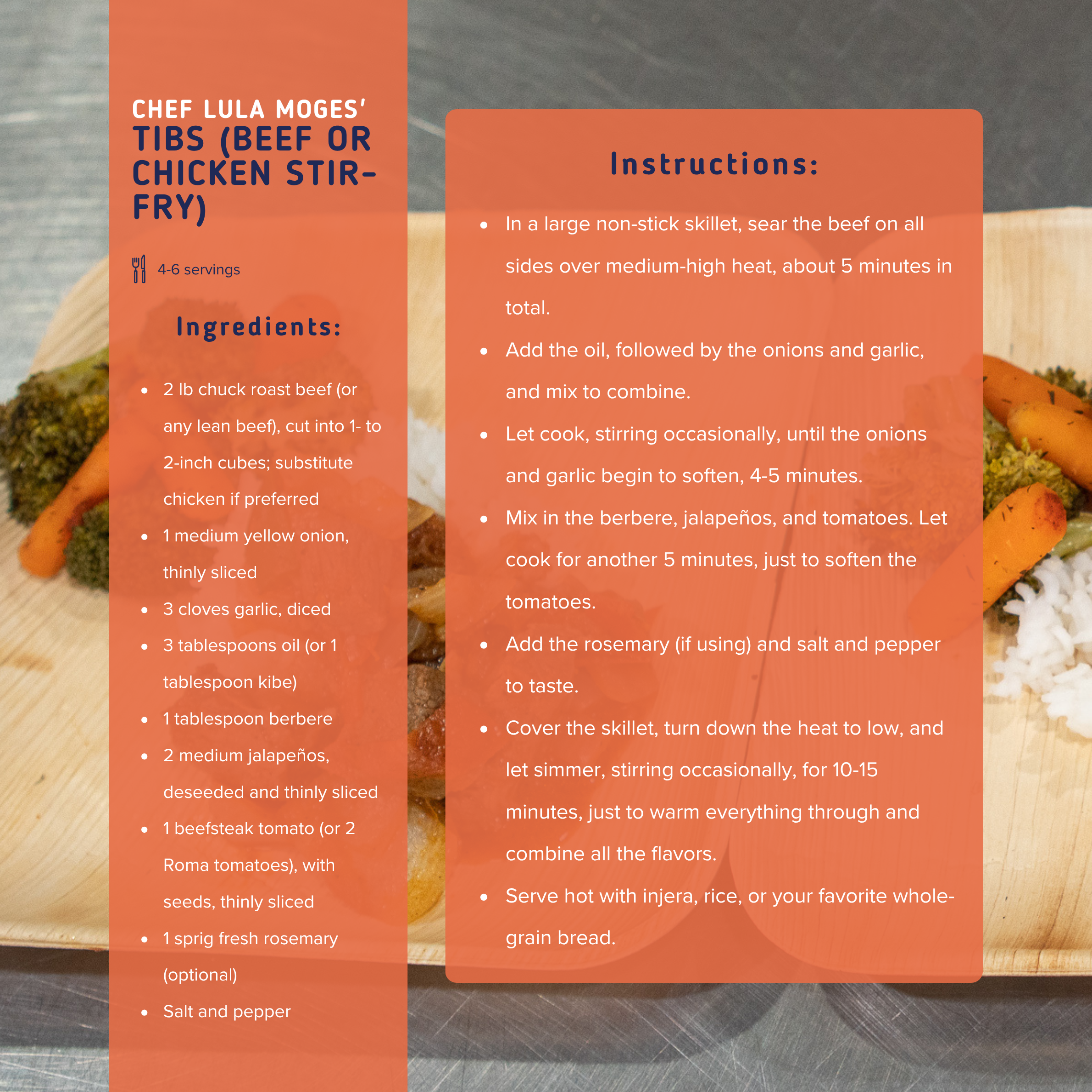 Recipe for Chej Lula Mokes' Tibs (Beef or Chicken Stir-Fry) displaying ingredients and instructions on a two-column layout with a partially visible plate of stir-fry in the background.