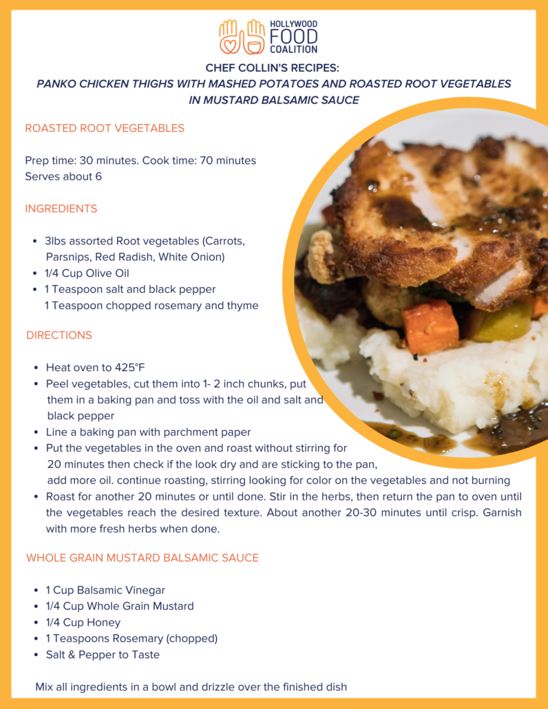 Recipe sheet for Panko Chicken Thighs with Mashed Potatoes and Roasted Root Vegetables in Mustard Balsamic Sauce, featuring an image of a cooked chicken dish with roasted vegetables.