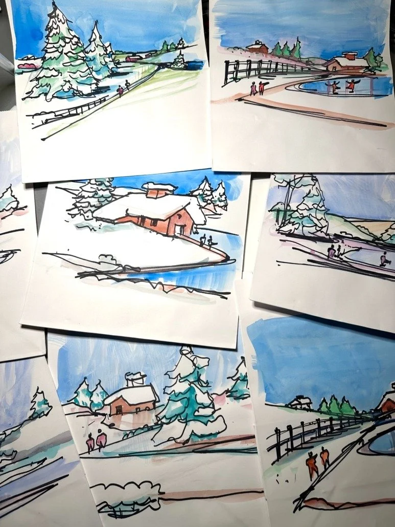 Collection of watercolor sketches of winter scenes with snow-covered trees, houses, and people near water or walking along paths.