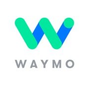 Waymo logo with a stylized 'W' in shades of blue and green