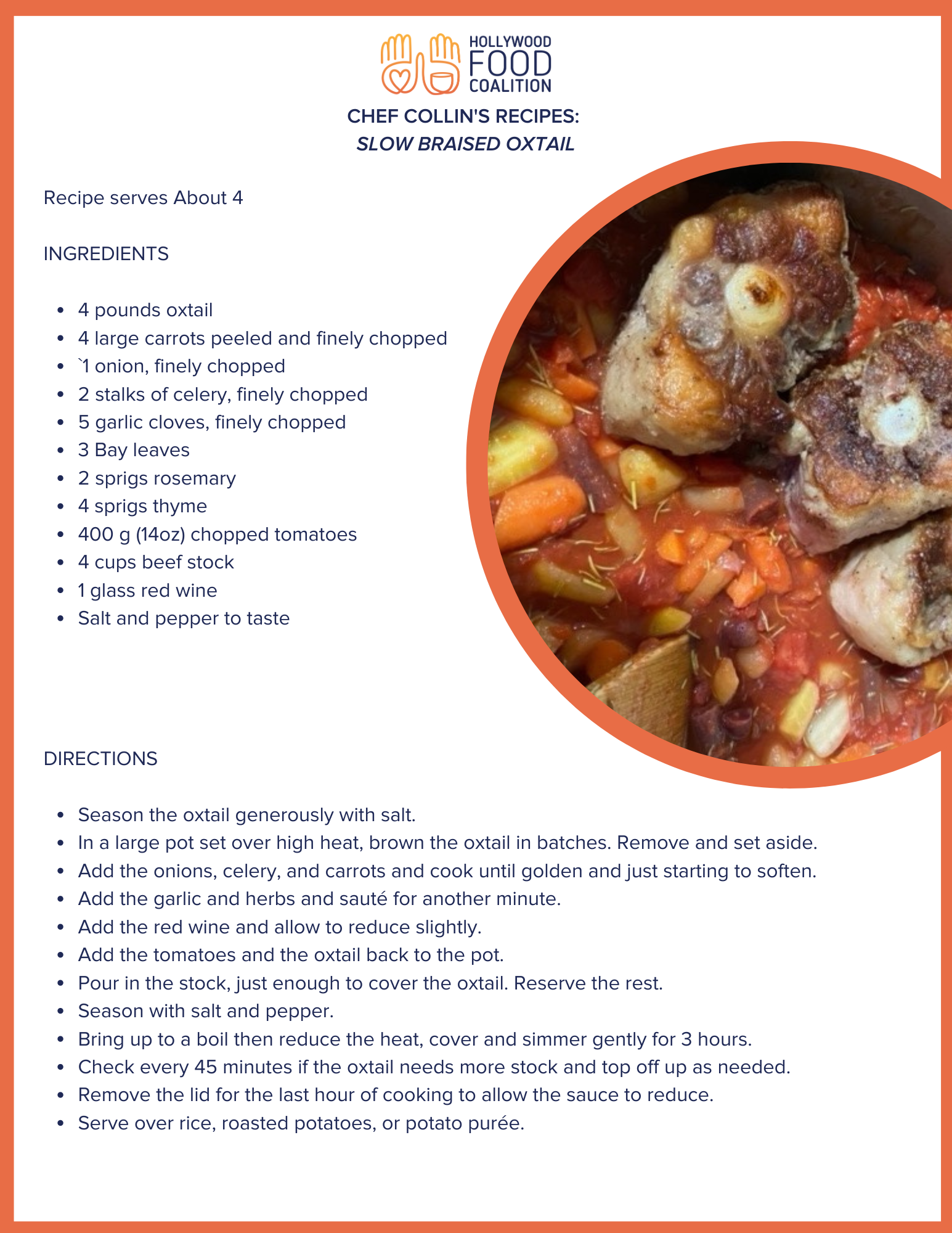 Recipe card for slow braised oxtail with a photo of oxtail and vegetables in a cooking dish.