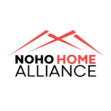 Logo for NOHO Home Alliance, featuring simplified red house rooftops above the text.