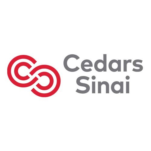 Cedar Sinai logo with red interlocking circles and gray text reading Cedars Sinai.