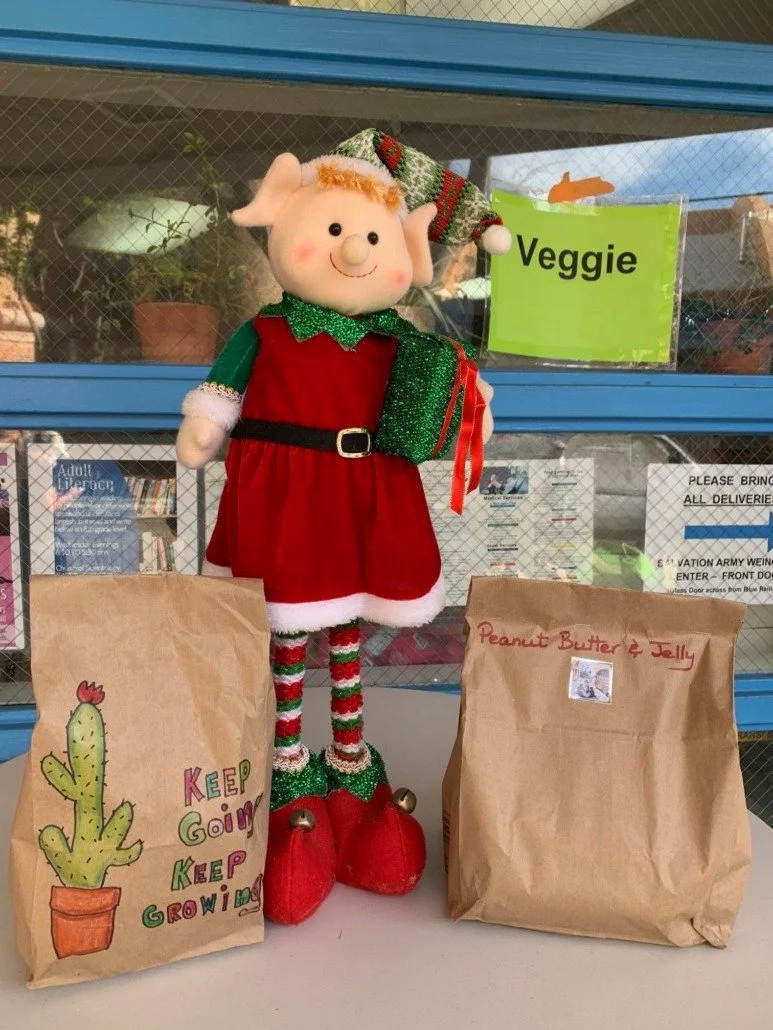 An elf doll with a green shirt, red dress, striped stockings, and cozy shoes, standing between two brown paper bags labeled "Peanut Butter & Jelly" and with a decorated cactus drawing and from the stores labeled "Veggie."