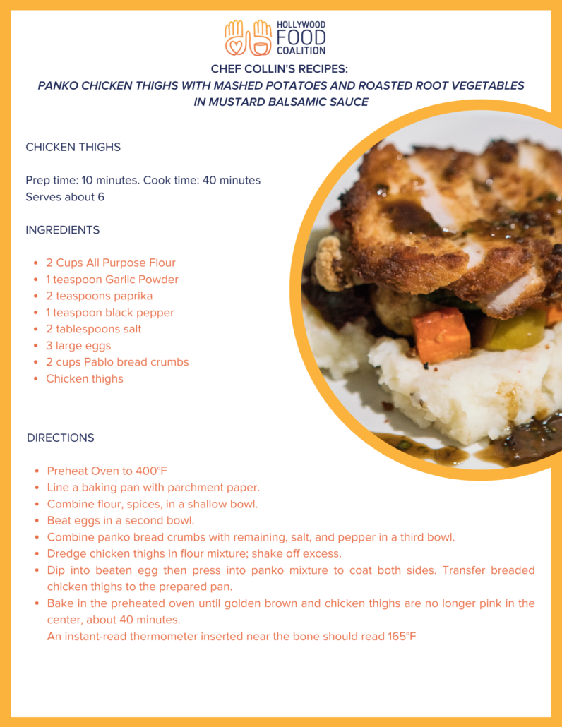 A recipe card for Panko Chicken Thighs with mashed potatoes and roasted root vegetables in mustard balsamic sauce, featuring ingredients, instructions, and a photo of a plated chicken thigh dish.