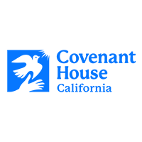Covenant House California logo with a black background, featuring a blue emblem of a dragon and the organization's name in blue text.