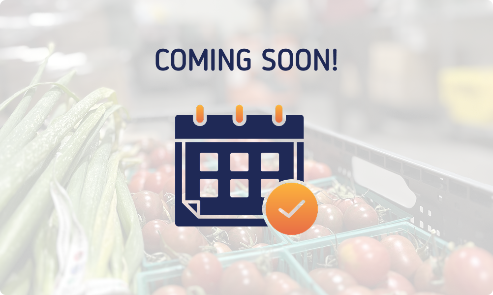 Announcement for coming soon with a calendar and checkmark icon, overlaid on fresh vegetables in a grocery store.