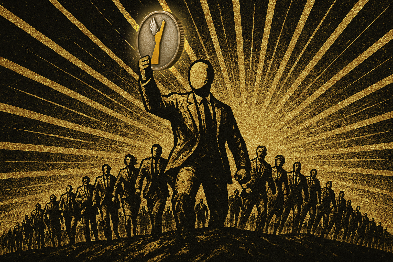 A stylized illustration of a faceless man in a suit leading a group of faceless men in suits across a landscape with radiating golden lines in the background. The man at the forefront holds a medal with a hand symbol and a gold arrow pointing up.