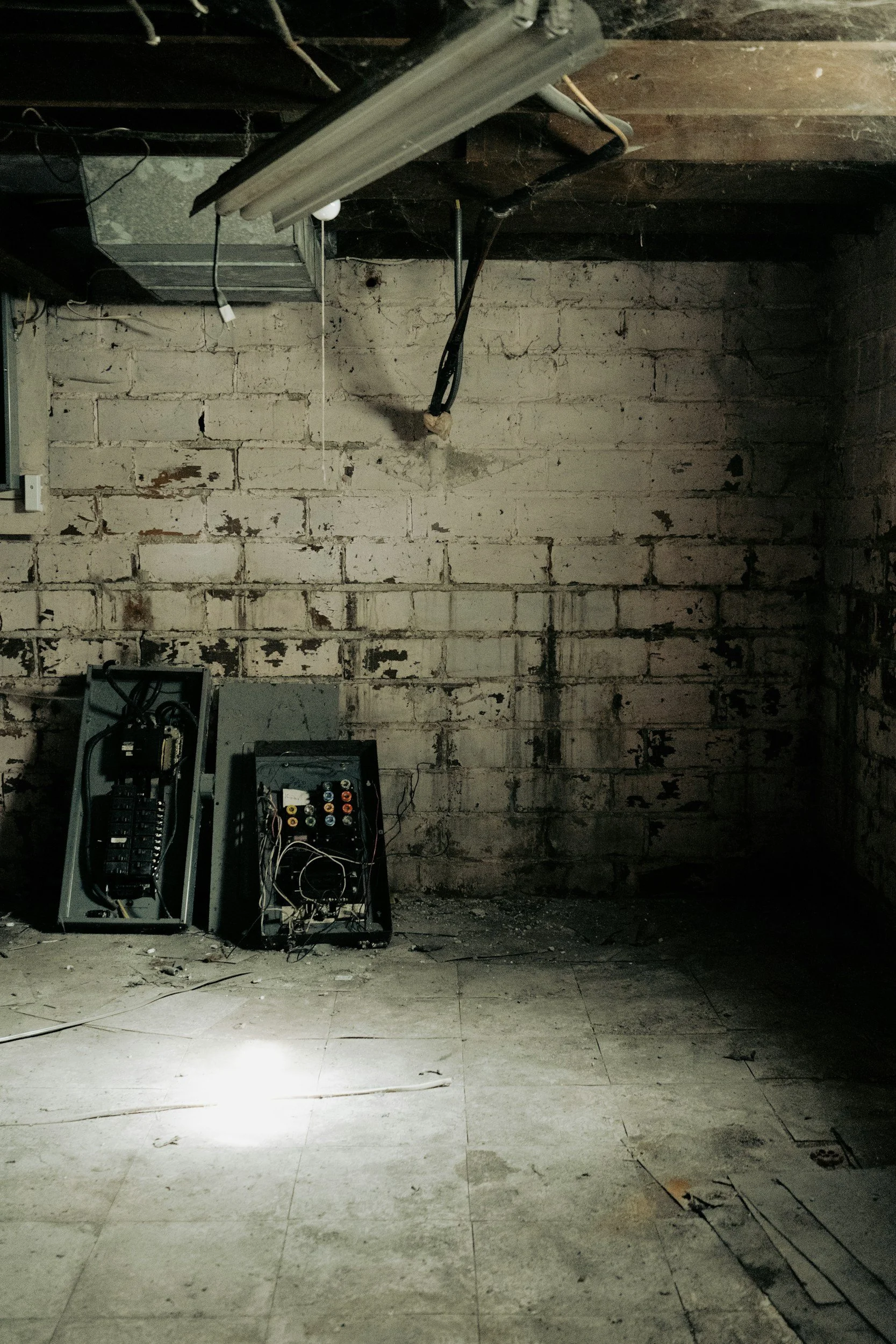 Empty basement with exposed brick wall, two open electrical boxes on the floor, and a fluorescent light fixture hanging from the ceiling.