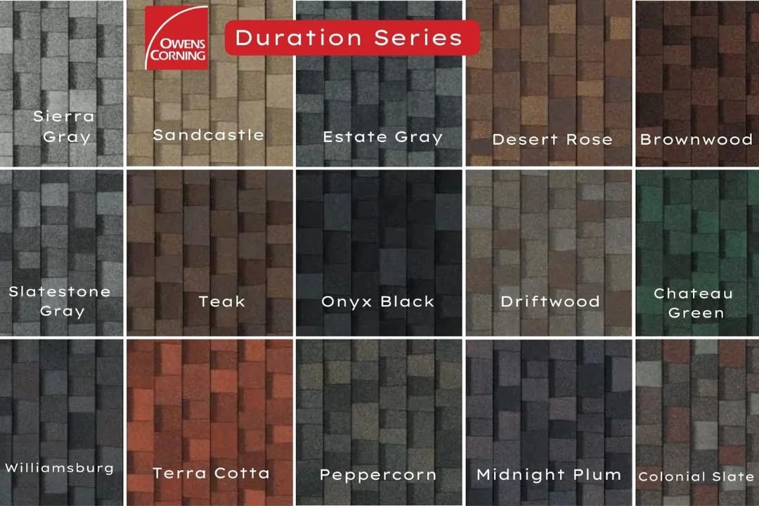 A grid showing various asphalt shingle color samples, including Sierra Gray, Sandcastle, Estate Gray, Desert Rose, Brownwood, Slatestone Gray, Teak, Onyx Black, Driftwood, Chateau Green, Williamsburg, Terra Cotta, Peppercorn, Midnight Plum, and Colonial Slate, from the Owens Corning Duration Series.