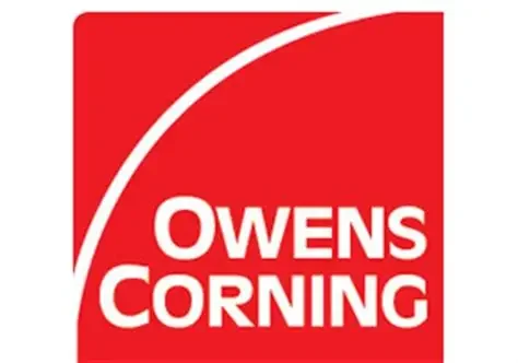 Red square logo for Owens Corning with a white curved line and the company's name in bold white letters.
