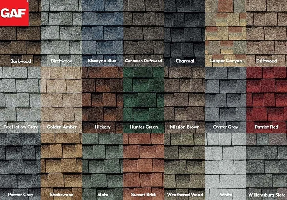 A color chart of shingles with various shades and names, including Barkwood, Birchwood, Biscayne Blue, Canadien Driftwood, Charcoal, Copper Canyon, Driftwood, Fox Hollow Gray, Golden Amber, Hickory, Hunter Green, Mission Brown, Oyster Gray, Patriot Red, Pewter Gray, Shakewood, Slate, Sunset Brick, Weathered Wood, White, Williamsburg Slate.