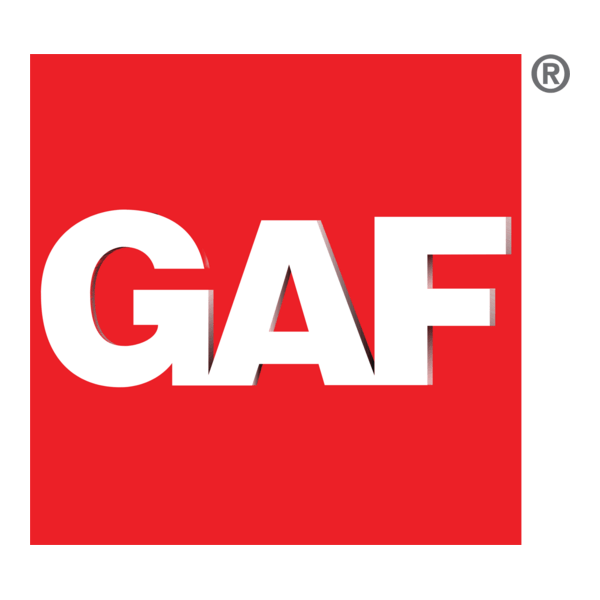 Red square with bold white letters spelling "GAF" and a small registered trademark symbol in the upper right corner.