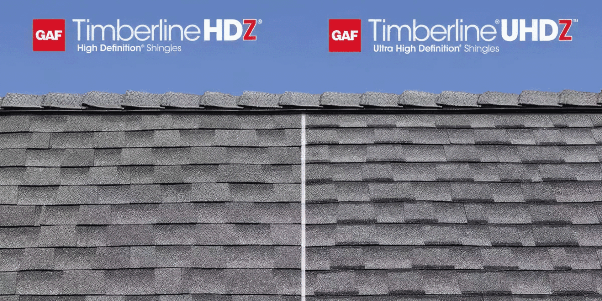 Comparison of asphalt shingles on a roof with signs for Timberline HDZ and Timberline UHDZ roofing shingles.