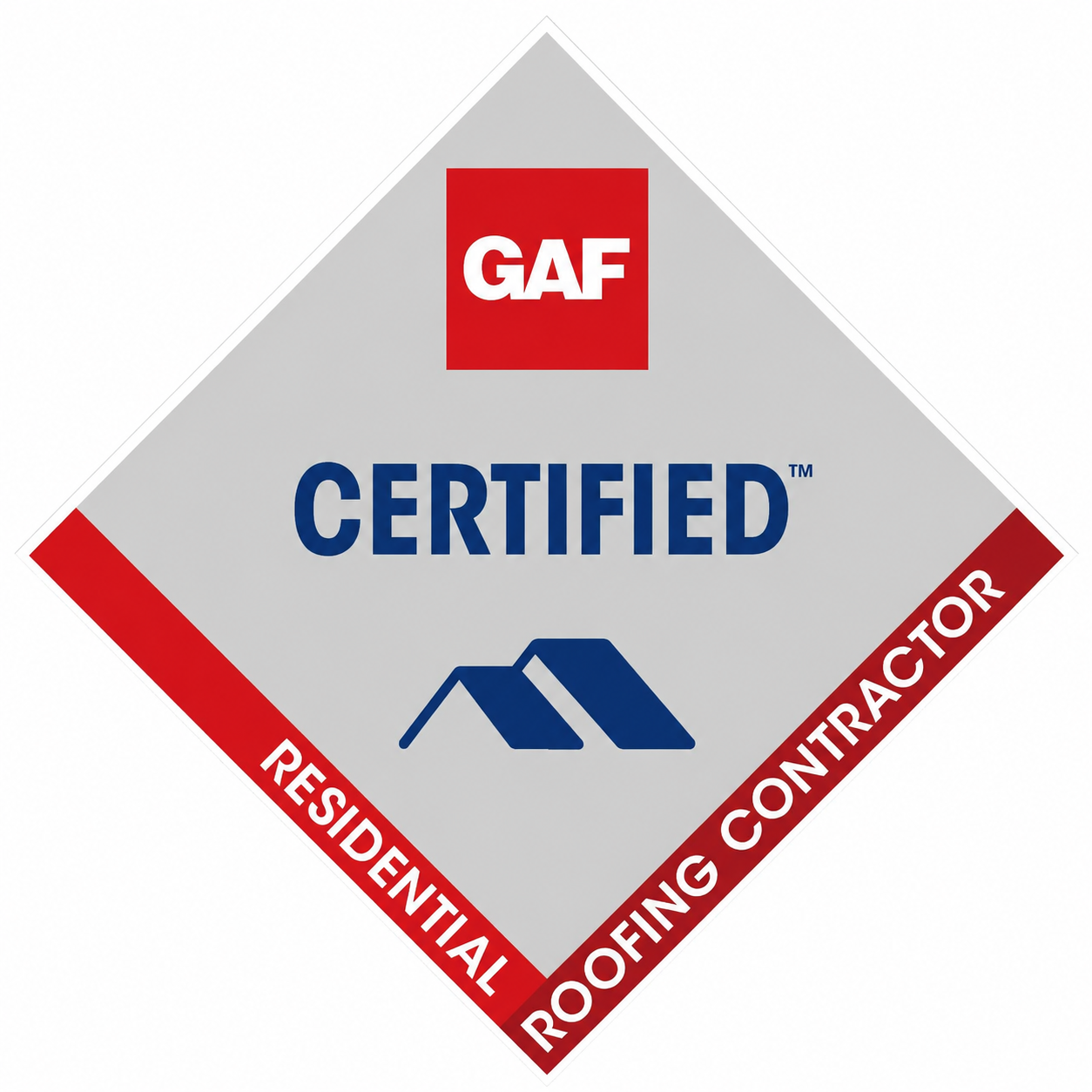 GAF Certified Residential Roofing Contractor badge with red and blue text and logo.