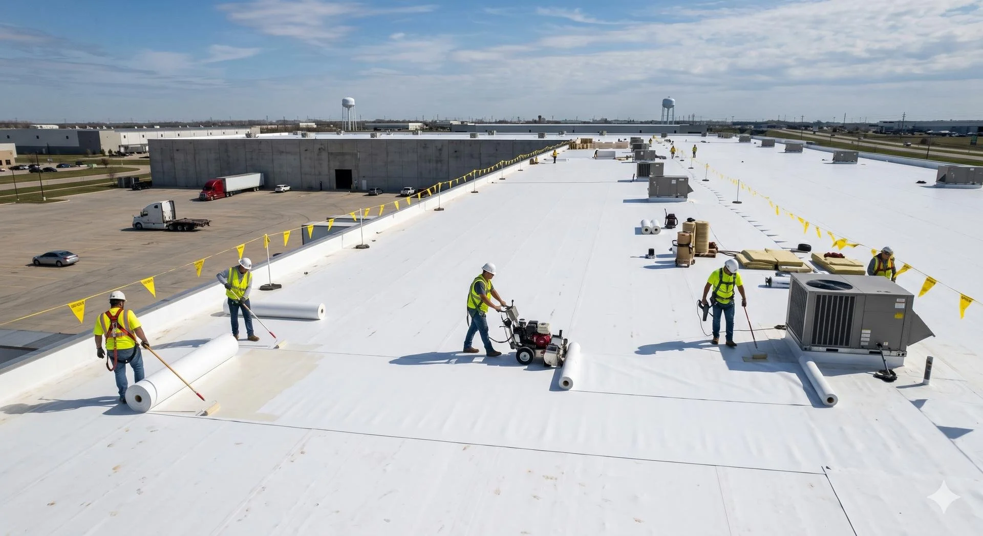 Workers installing a white roofing membrane on a flat commercial building roof, using rollers and tools, with safety vests and helmets, in an industrial area.