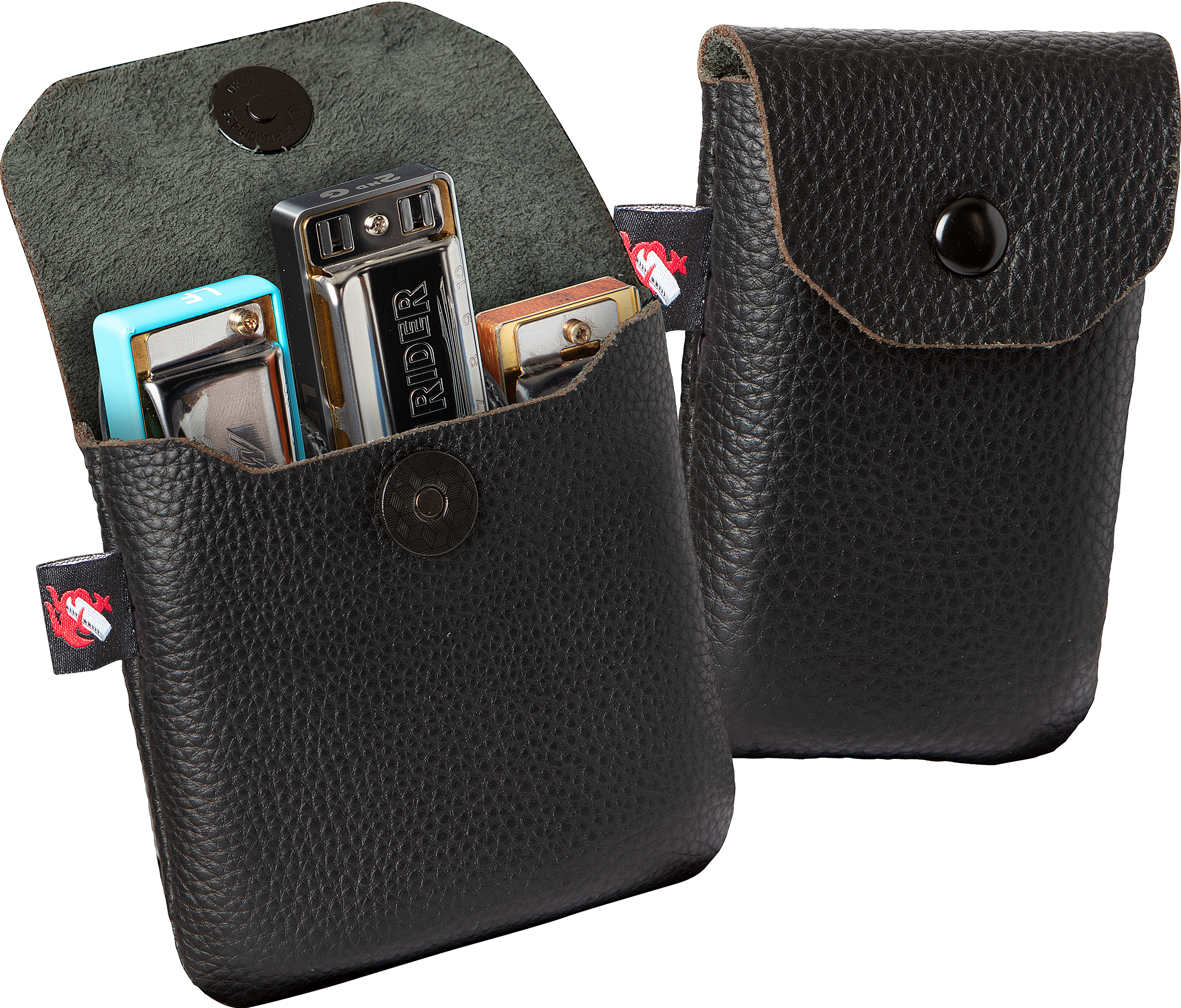 Black leather camera cases with a magnetic button closure that opens to fully access your harmonicas.