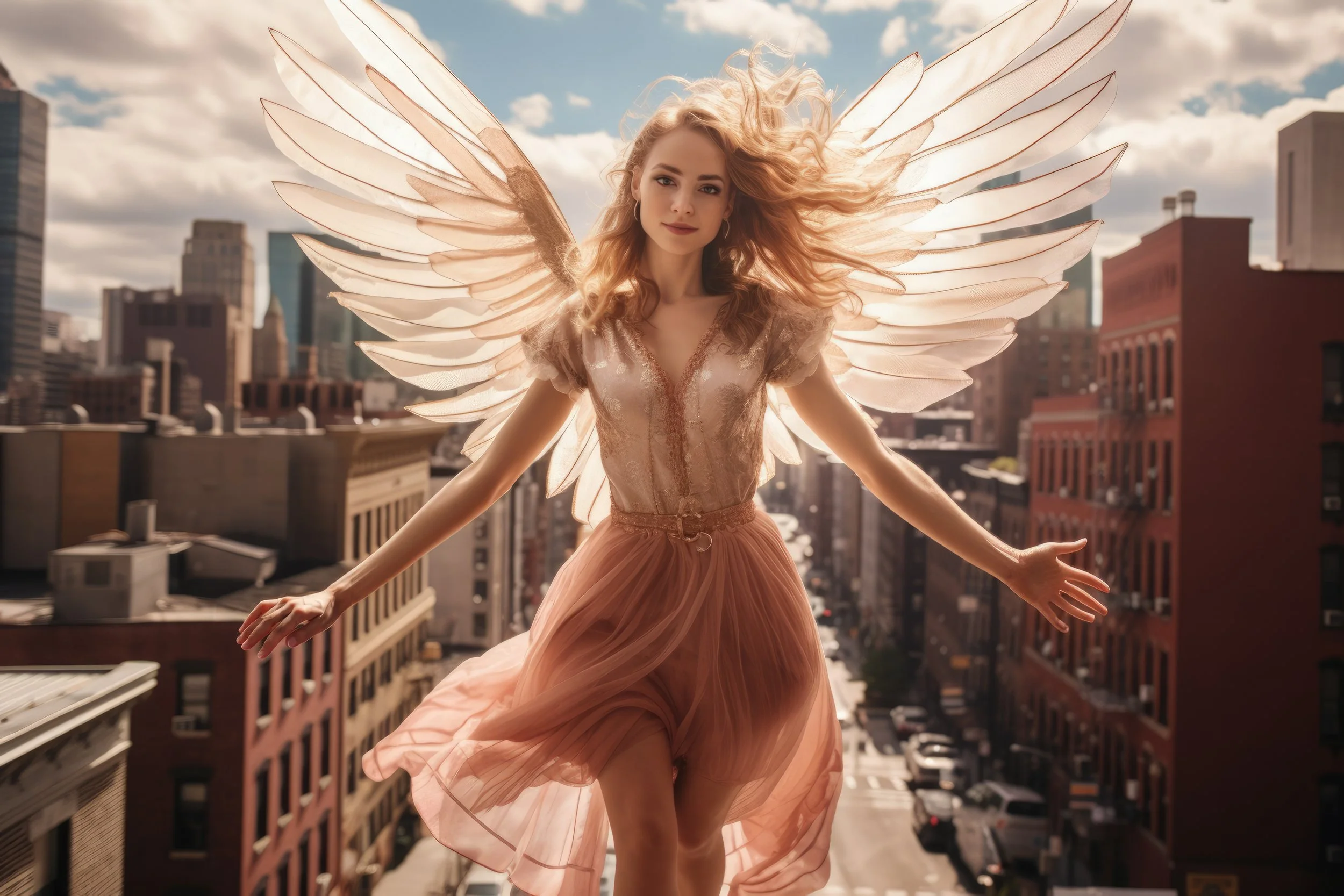 Front view woman with wings flying