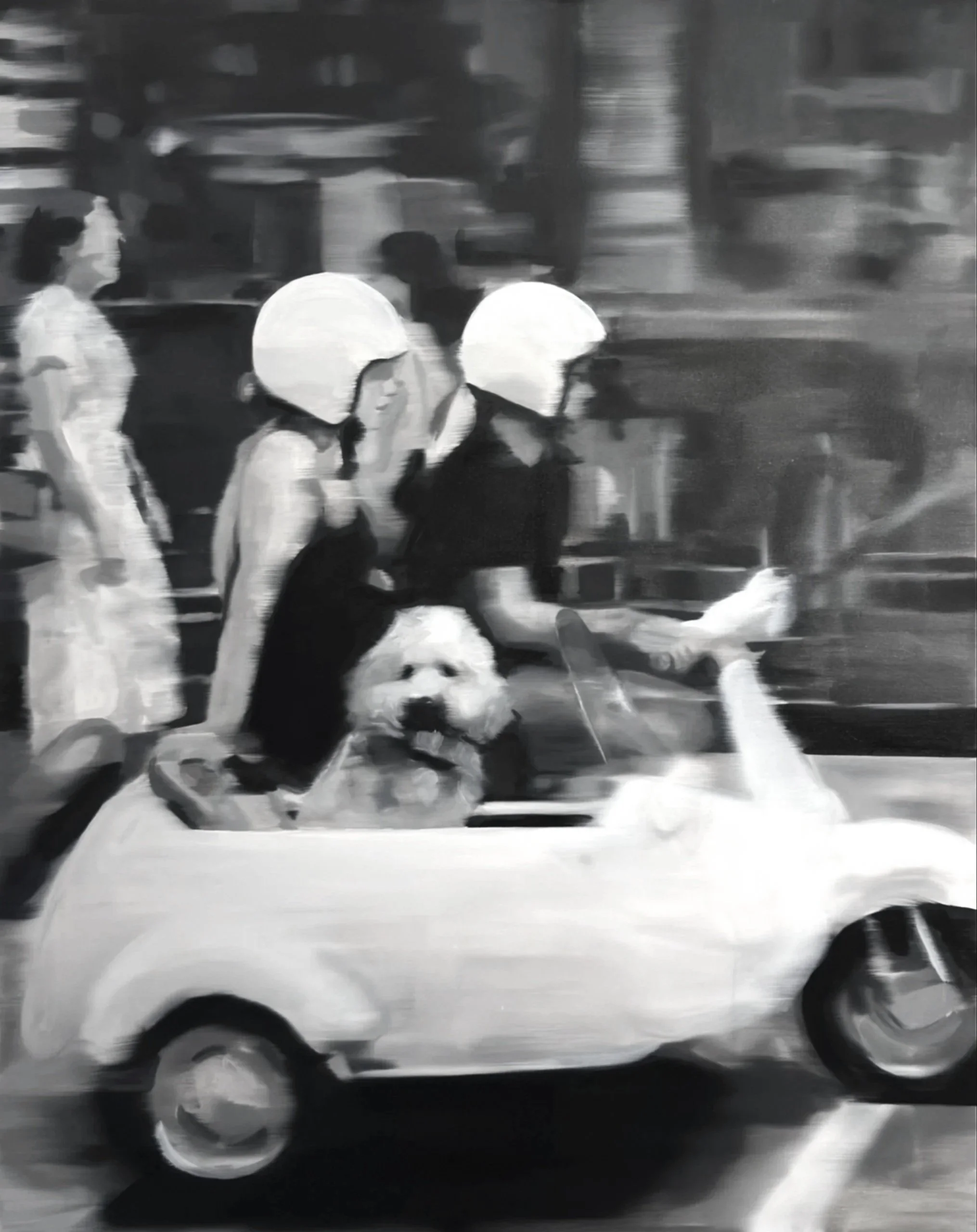 Pup in Vespa. 48x60 inches. 122cmx152.4 cm. Oil on canvas. 2026