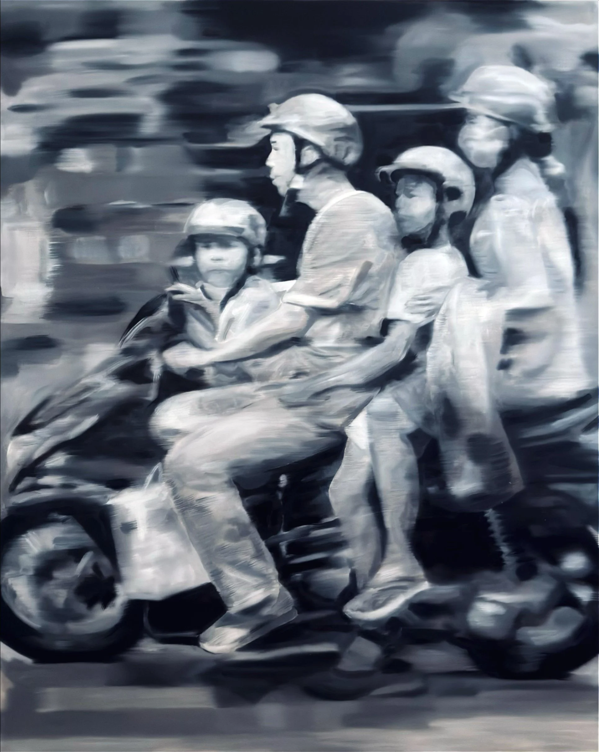 Saigon family on motorbike daytime. 48x60 inches. Oil on canvas. 2026
