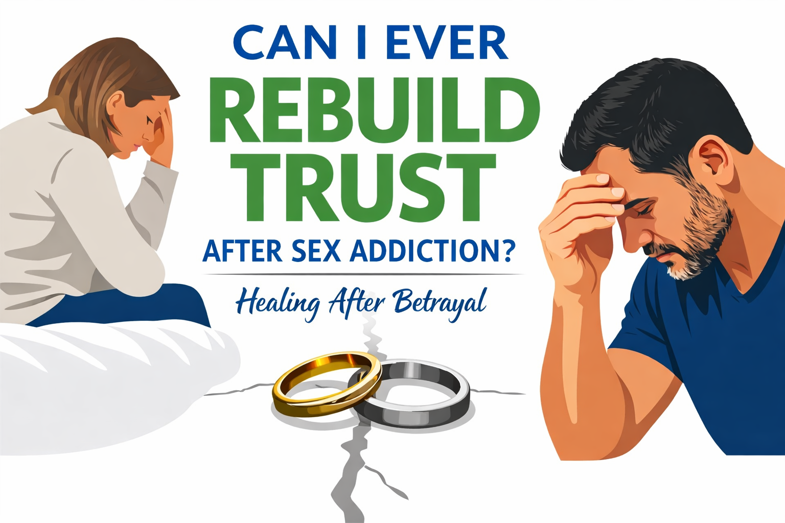 An illustration of a woman and a man, both troubled, with broken rings and a crack running between them, symbolizing relationship issues, in a context of healing after betrayal and sex addiction.