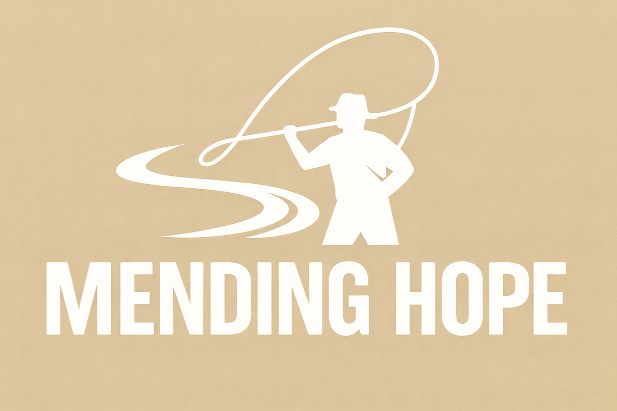 A white silhouette of a man wearing a cowboy hat, leaning on a cane, with a ranching landscape and a winding road in the background, and the words "MENDING HOPE" in large white letters underneath.