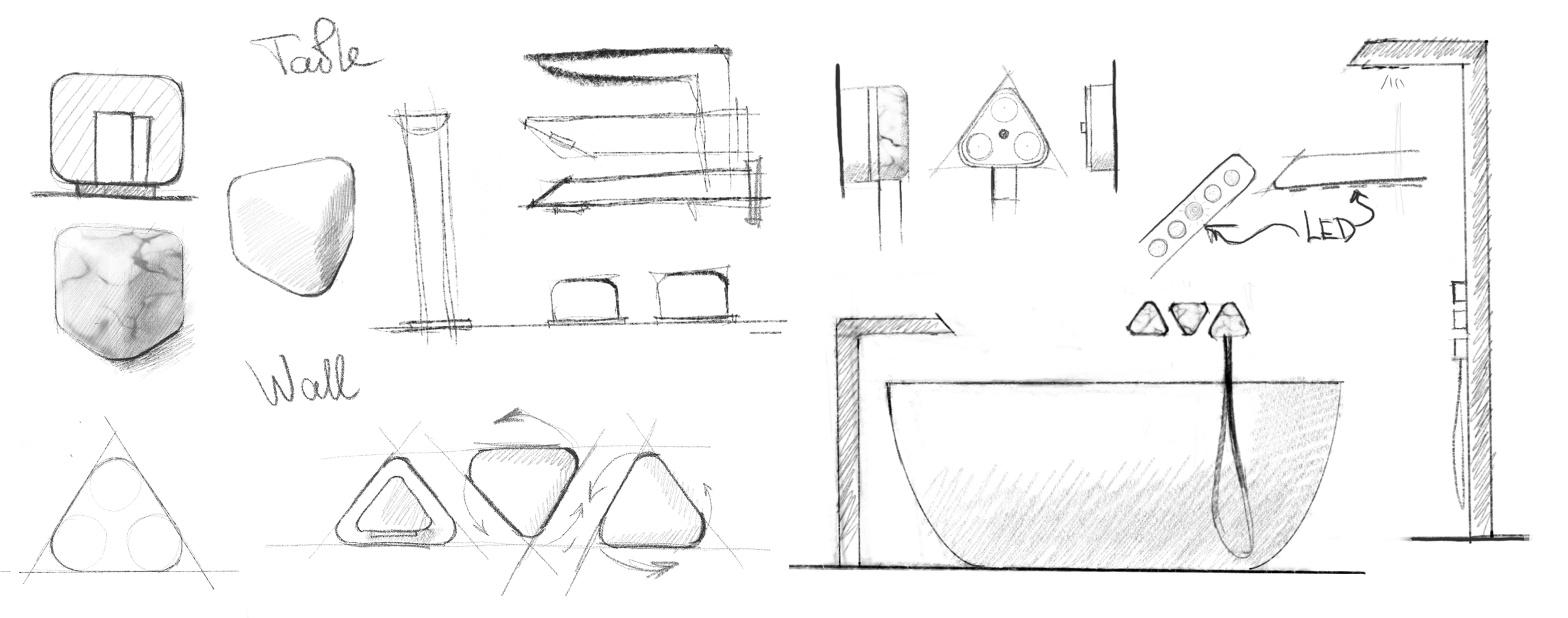 Design sketches of Trinity Collection by Jenny Ly — concept development of faucets inspired by nature, with soft triangular silhouettes and material studies in stone and metal.