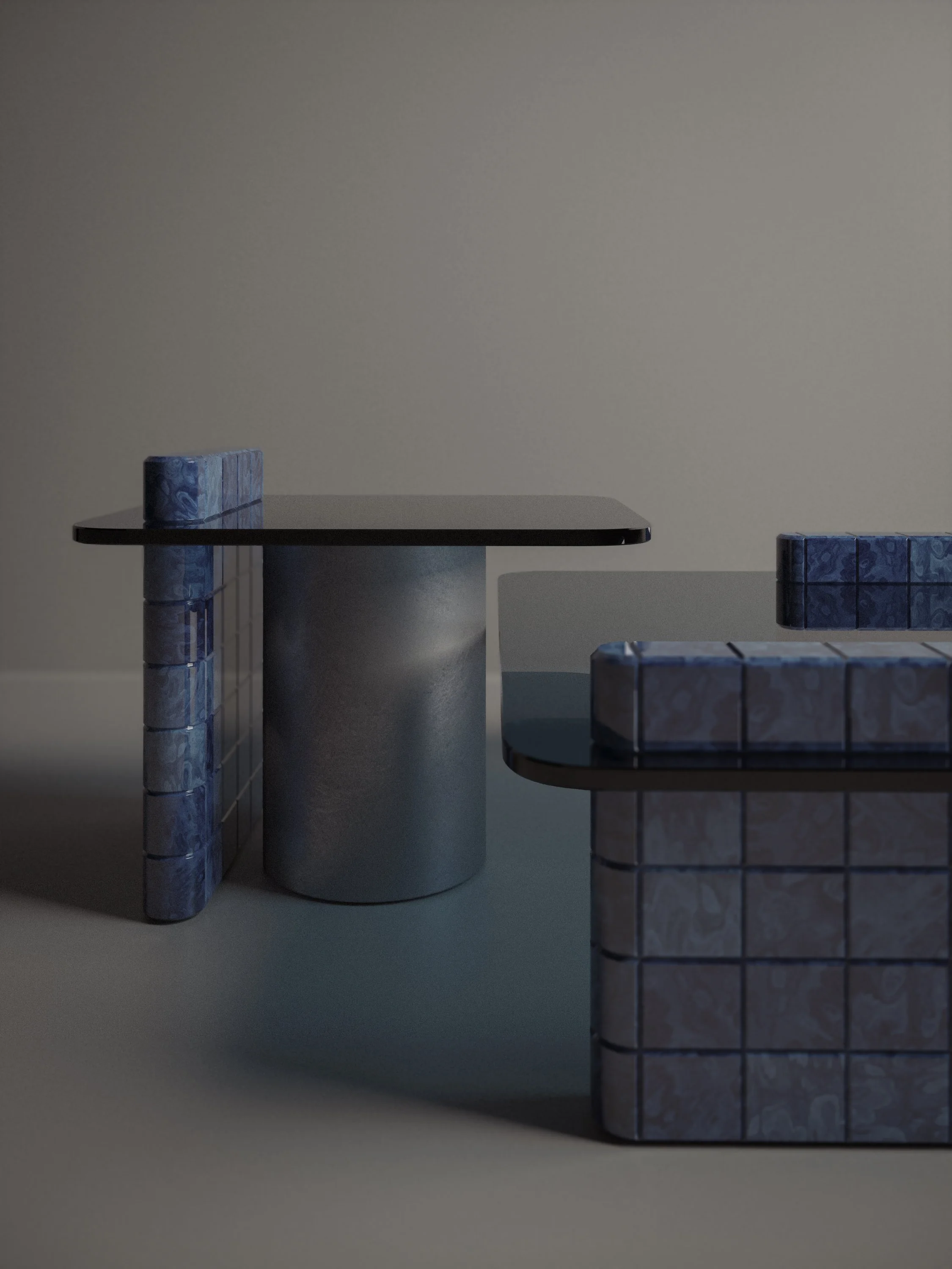 Finish logic — ultra-gloss veneer contrasted with matte metal column