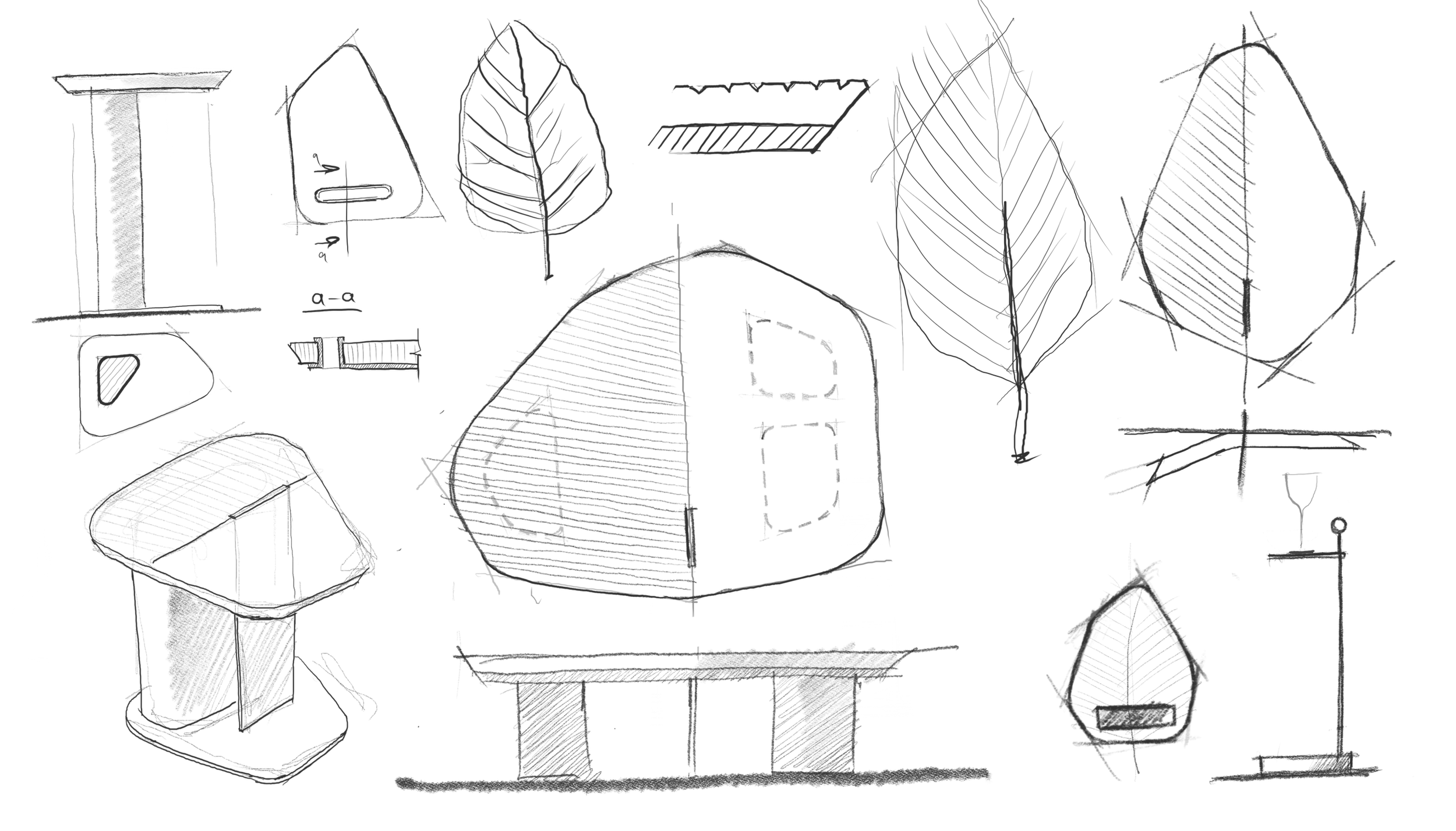 Sketches and concept drawings for the Leaf Collection by Jenny Ly Studio, showing early design development and material studies