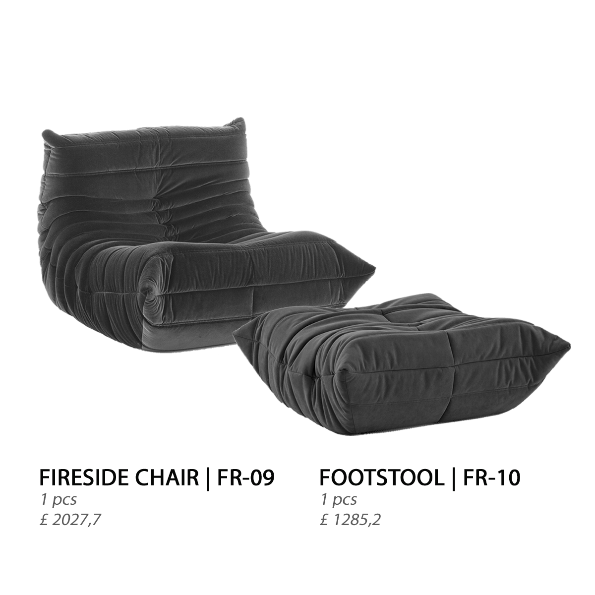 Dark grey chaise lounge chair and ottoman.