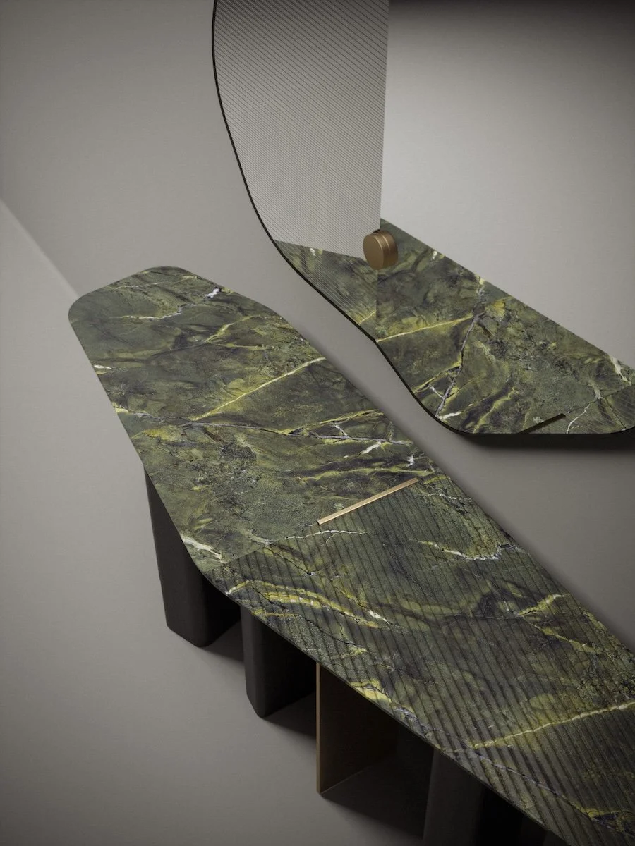 Leaf Collection tables and console with marble tops and asymmetrical design by Jenny Ly Studio.