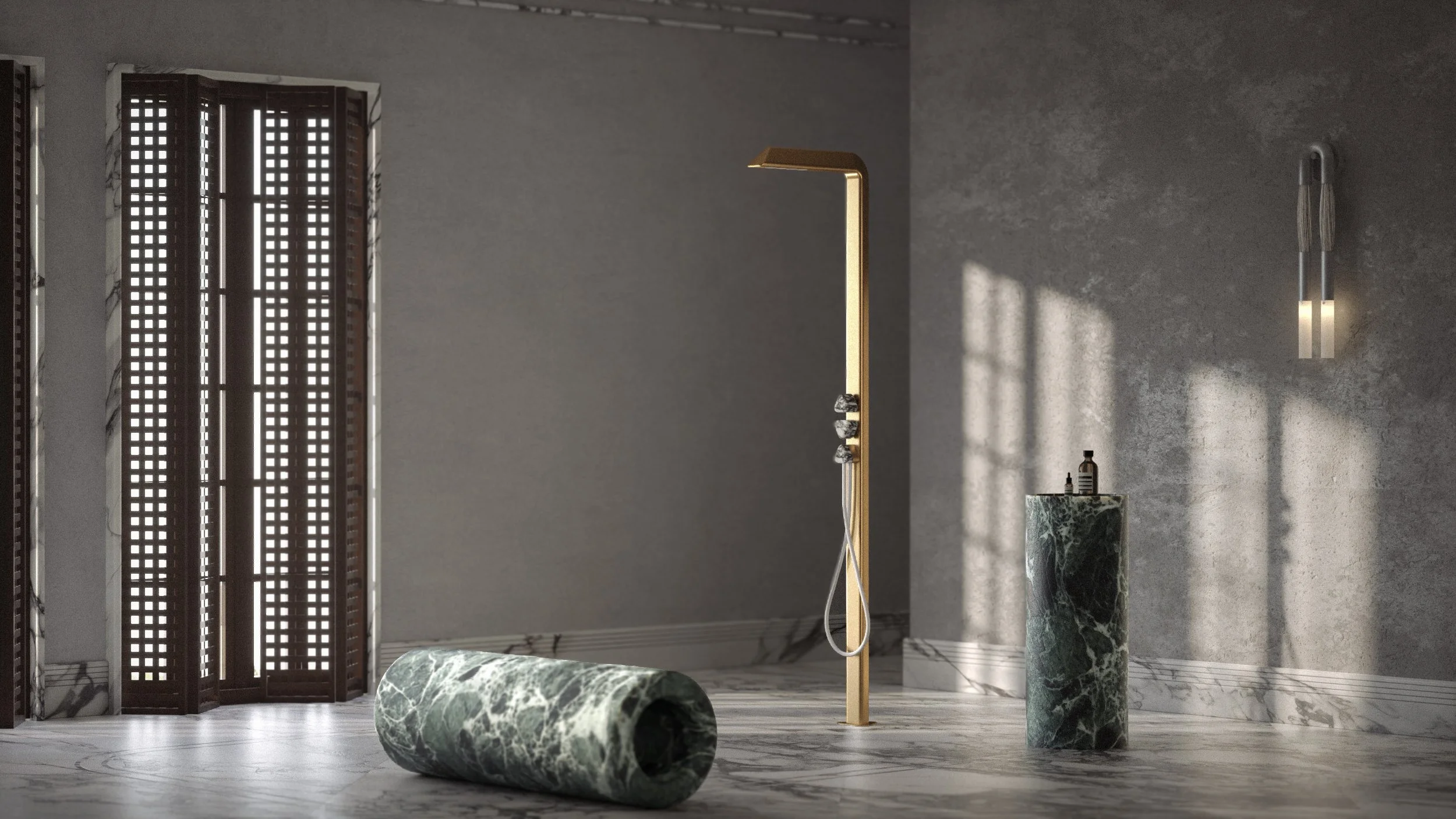 Interior of Carezza Silence Spa by Jenny Ly Studio — green marble elements, brass details, and serene spatial composition inspired by mountain lakes.