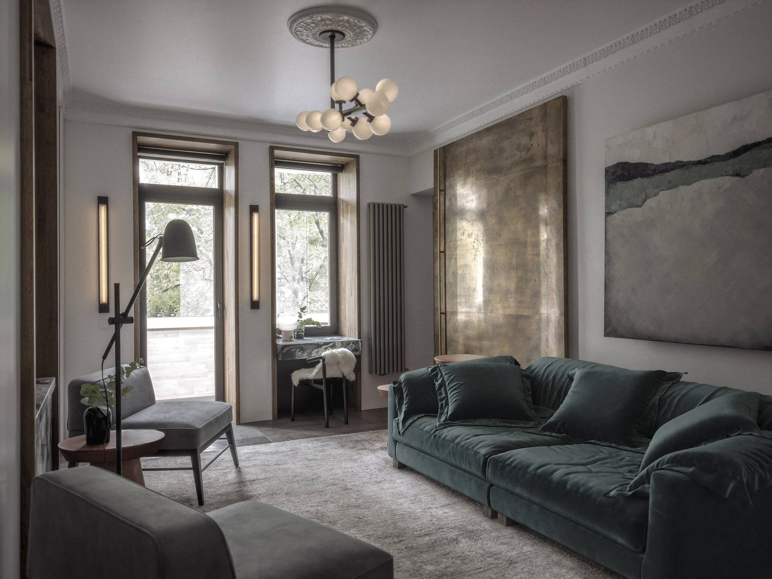Living room view of Artistic Apartments by Jenny Ly Studio - green velvet sofa, layered lighting, and natural tones evoke quiet sophistication and balance.