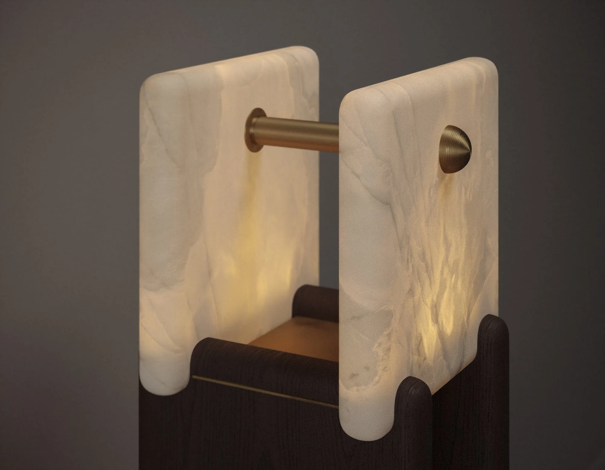 Close-up of alabaster panel and metal crossbar; warm light revealing stone texture